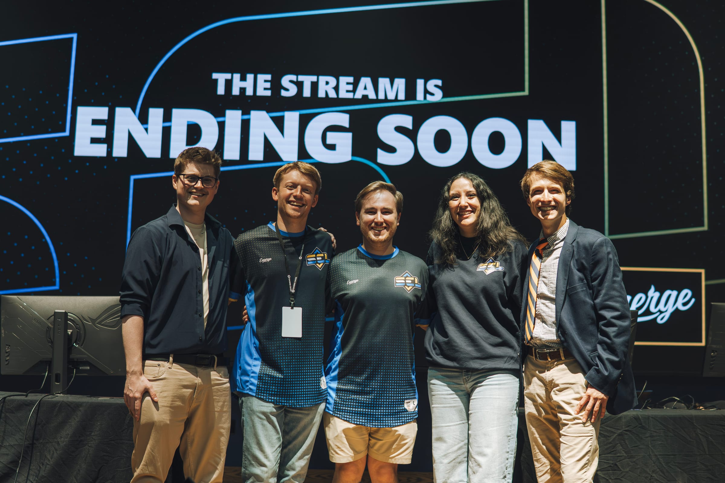 SEL team and staff on a live broadcast stage